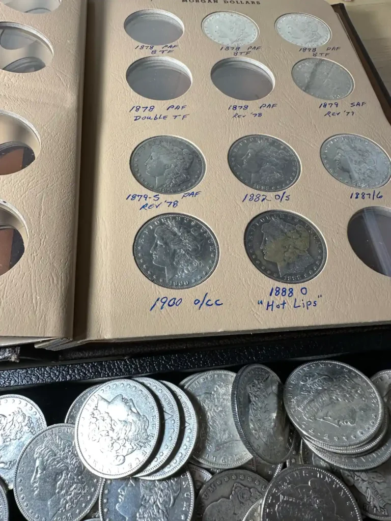 Image of Morgan Dollars with coin collecting book.