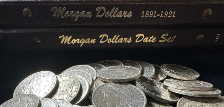 A stunning display of Morgan silver dollar coins, showcasing the intricate designs and historical significance of each piece.