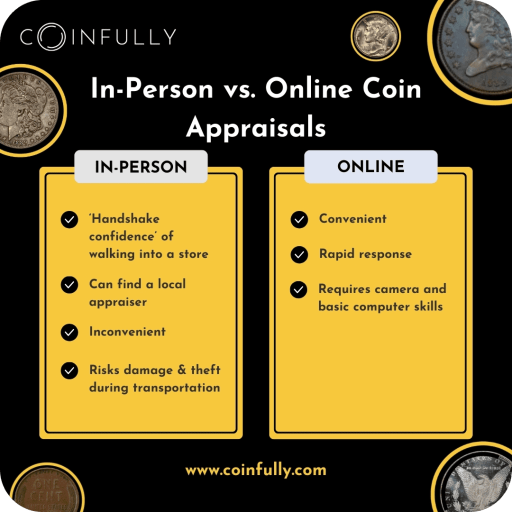 Image of a comparison chart showing the pros and cons of in-person vs. online coin appraisals