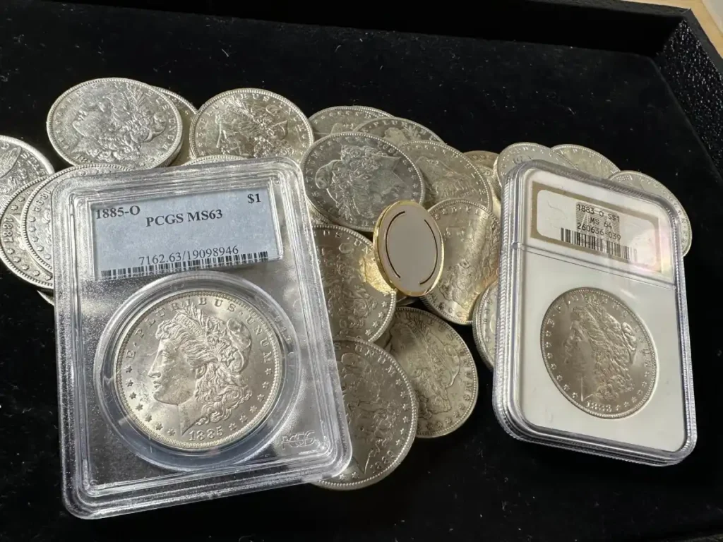 Online Coin Appraisals - image of Morgan Dollars coin collection in a wooden box