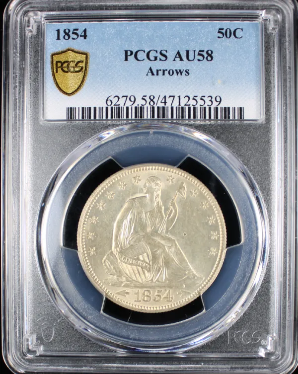 image of a seated silver half dollar coin in guaranty package