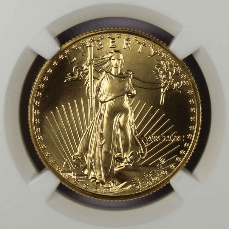 1990 Eagle $25 gold dollar coin displayed in a sealed guarantee package, ensuring authenticity and mint condition.