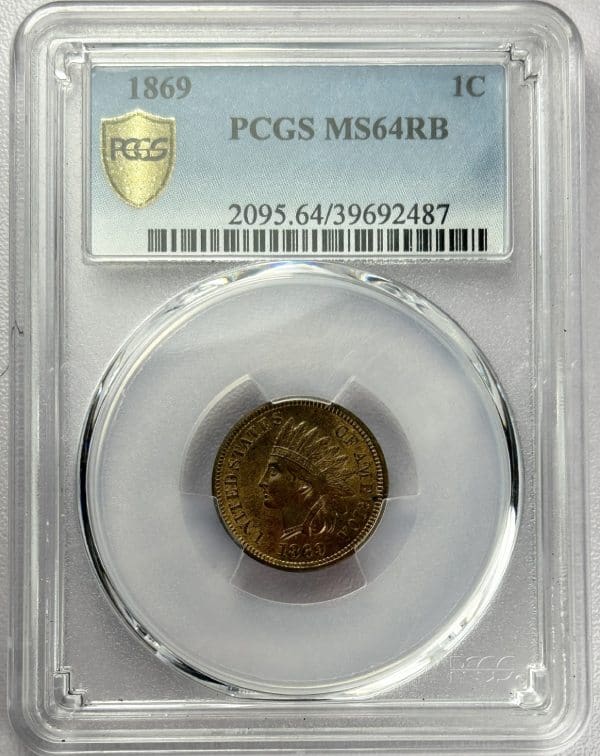 An 1869 Indian Head Penny Cent encased in a protective guarantee package, ensuring its collectible quality and value.