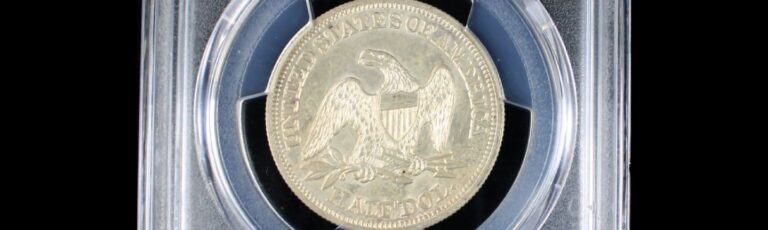 A silver half dollar coin encased in a guarantee package, showcasing its preserved state and ensuring collector confidence.