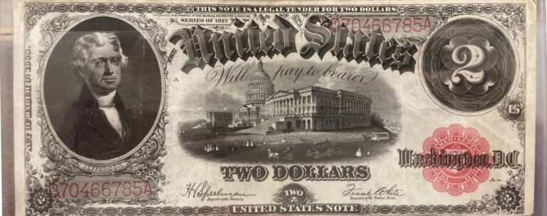 Collectible $2 bill's front side, displaying Thomas Jefferson's image and the rich detailing of American currency design.