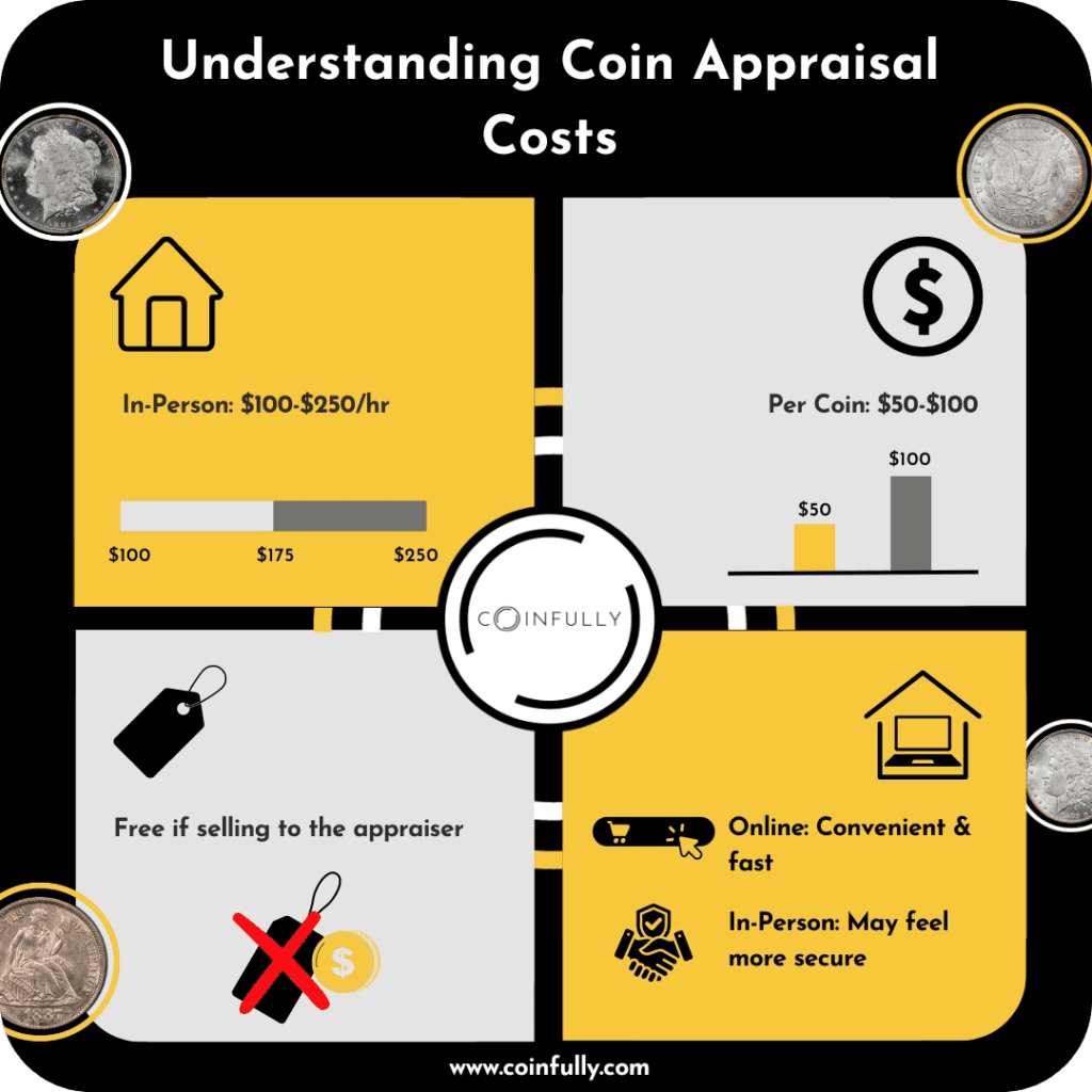 Infographic explaining coin appraisal costs, detailing in-person and online appraisal, along with factors affecting appraisal costs and tips for choosing the right appraisal method.