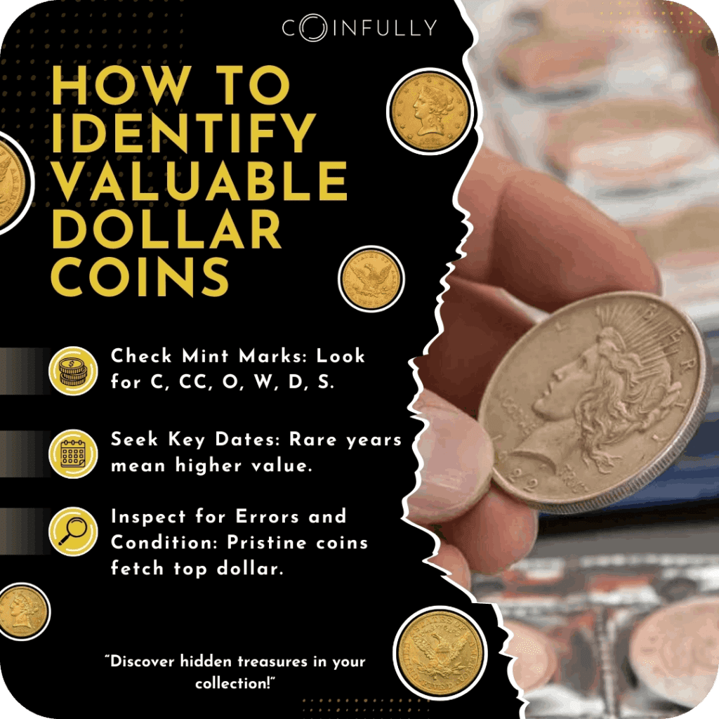 a checklist for identifying valuable dollar coins - Includes Mint Marks, Key Dates, Errors, and Condition