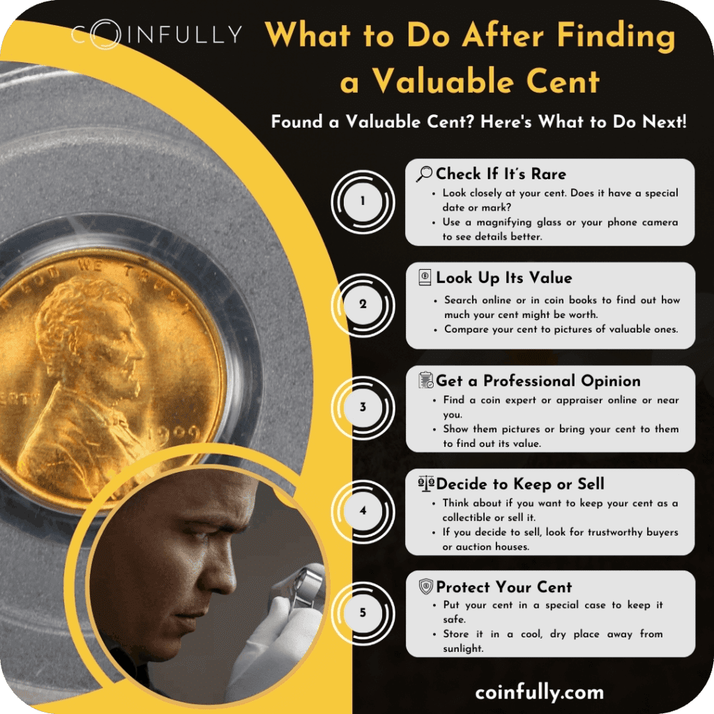 Step-by-step guide on what to do after finding a valuable penny: checking rarity, researching value, getting a professional opinion, deciding to keep or sell, and protecting the penny.