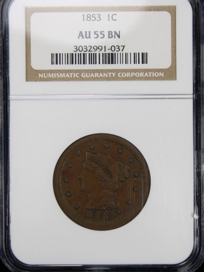 Front view of a valuable 1853 Coronet Head Cent, securely encased in a guarantee package, showcasing its historical and numismatic significance.