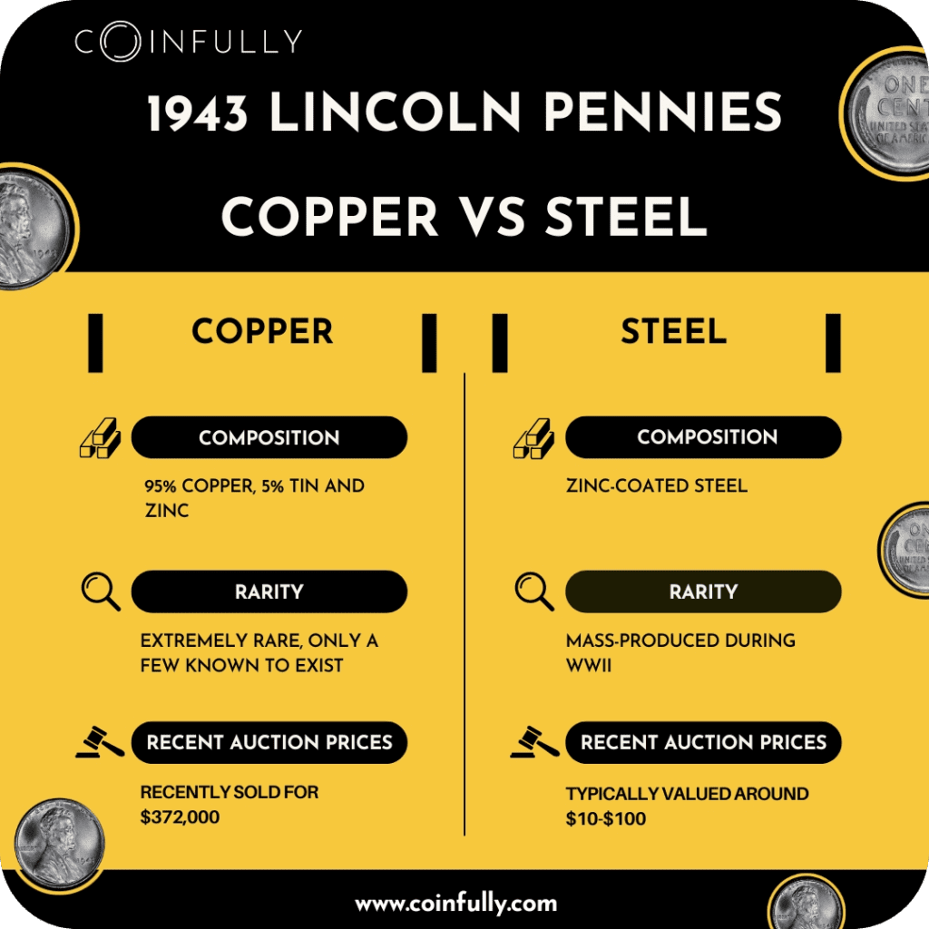 Comparison chart of 1943 Copper Lincoln Penny and 1943 Steel Lincoln Penny highlighting differences in composition, rarity, and auction prices.