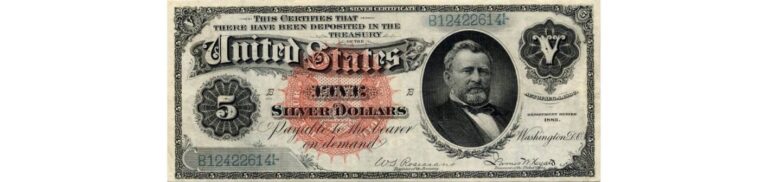 Detailed front view of the 1886 $5 Silver Dollar Back Certificate, featuring the portrait of Ulysses S. Grant and its collectible value.