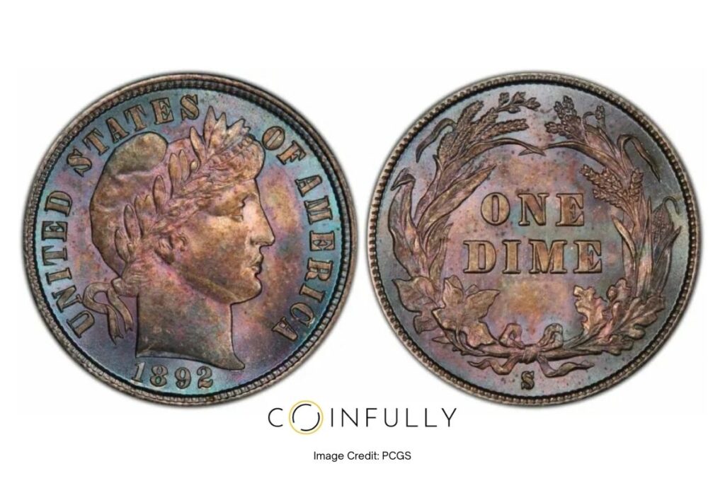 1892-S Barber Dime Obverse and Reverse - Coinfully
