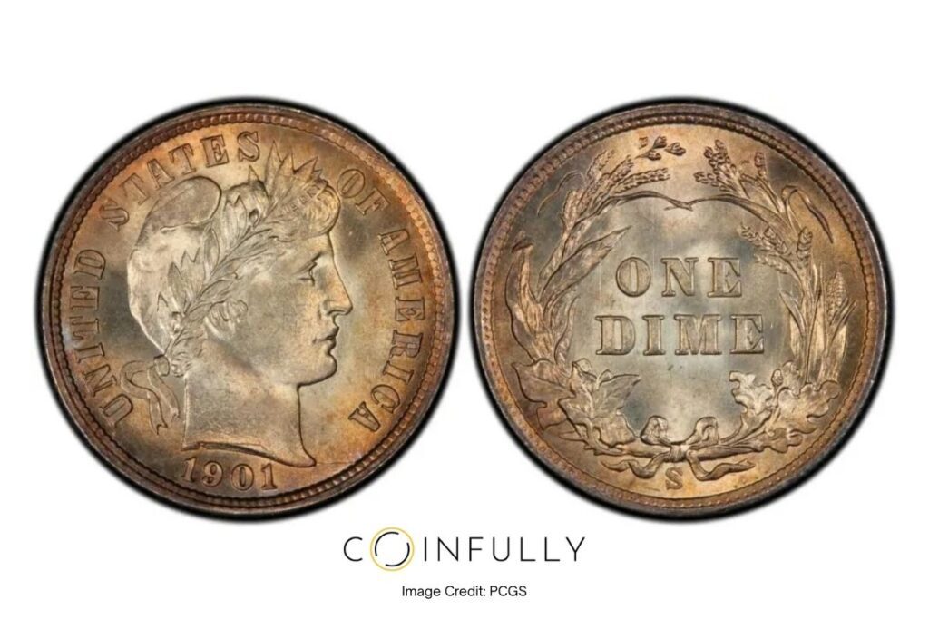 1901-S Barber Dime Obverse and Reverse - Coinfully