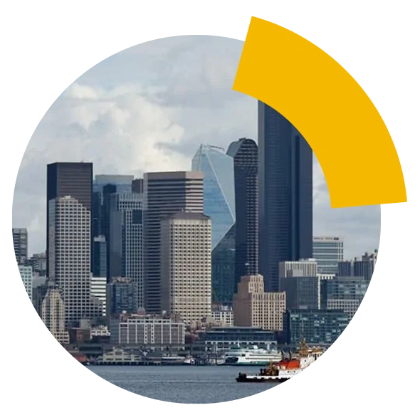City skyline with modern buildings and a yellow curved shape overlay.