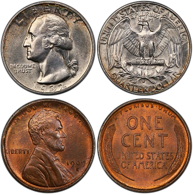 Four U.S. coins: a quarter featuring George Washington, a quarter's reverse with an eagle, a penny with Abraham Lincoln, and a one-cent coin.