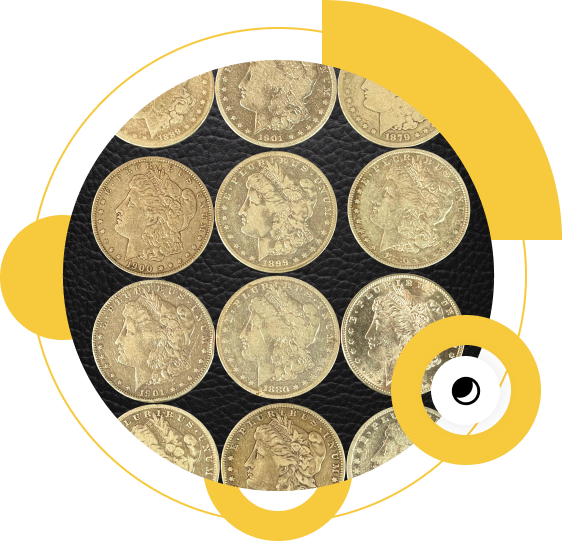 Twelve gold coins featuring various historical designs arranged on a dark background.