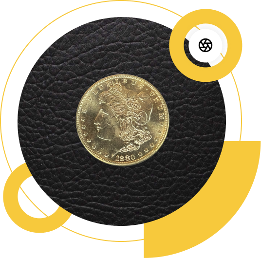A gold coin from 1880 featuring a profile of Liberty, set against a textured black background with a yellow circular design.