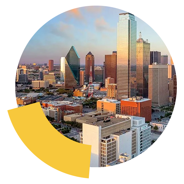 Downtown skyline with skyscrapers at sunset